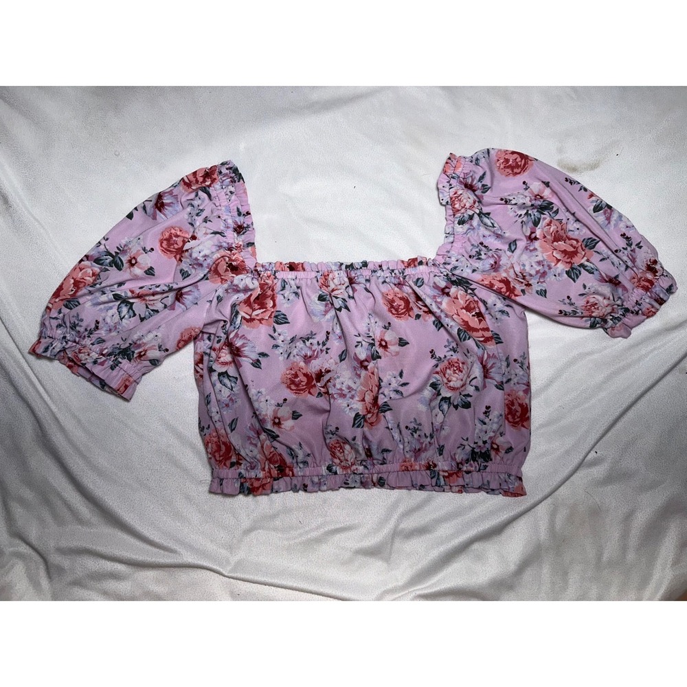 Floral Off The Shoulder Smocked Crop Top Puff Sleeve Lavender Pink Rose Print